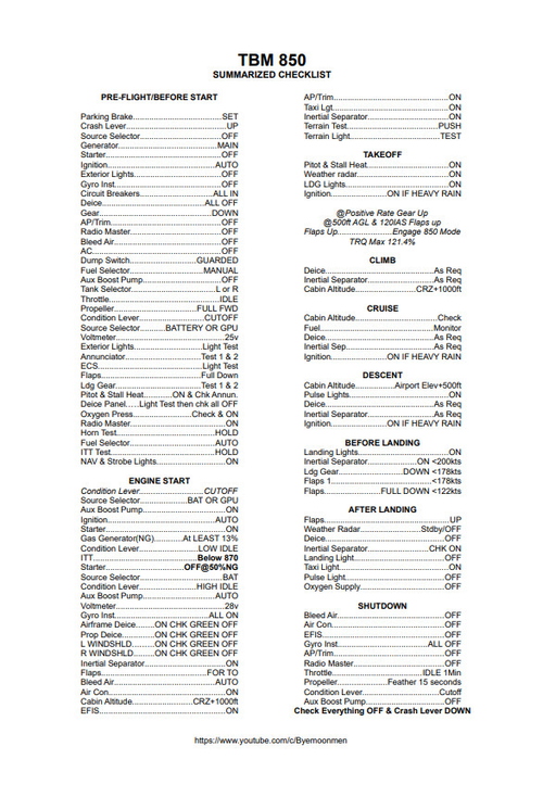 TBM 850 Summarized Normal Checklist + Quick Reference