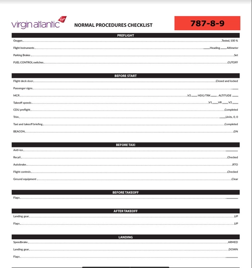 Virgin Atlantic 787-8-9 Full Checklist
