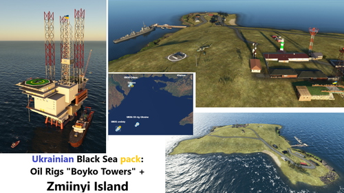Zmiiniy Island with Helipad UK05 + "Boyko Towers" UK06 oil rigs with Helipads into Black Sea