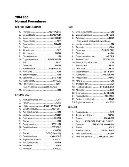  TBM 850 Custom Checklist