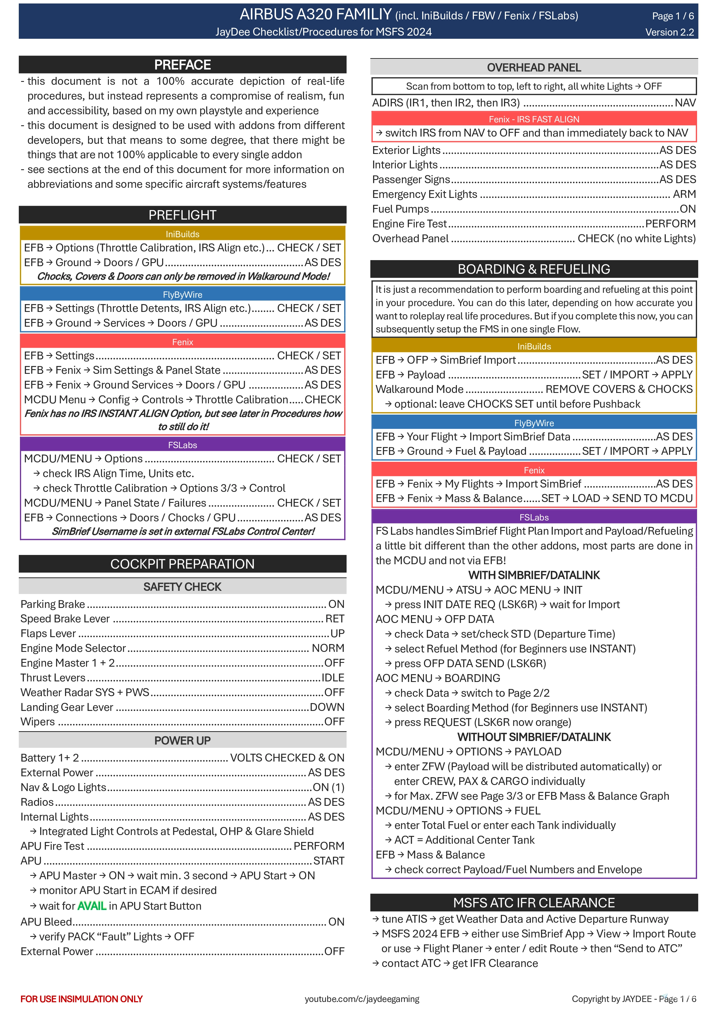 A320 Family (Fenix, FBW, IniBuilds, FSLabs) - Checklist