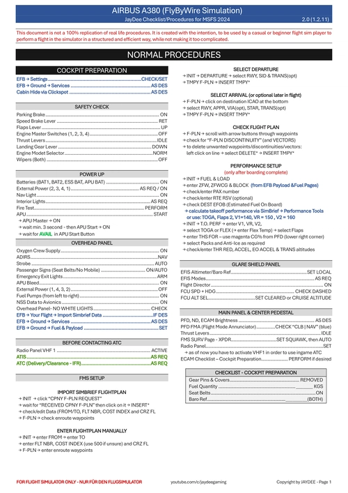 A380 FBW - JayDee Checklist & Procedures