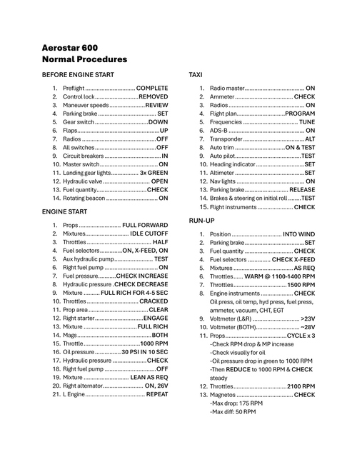 Aerostar 600 Custom Checklist