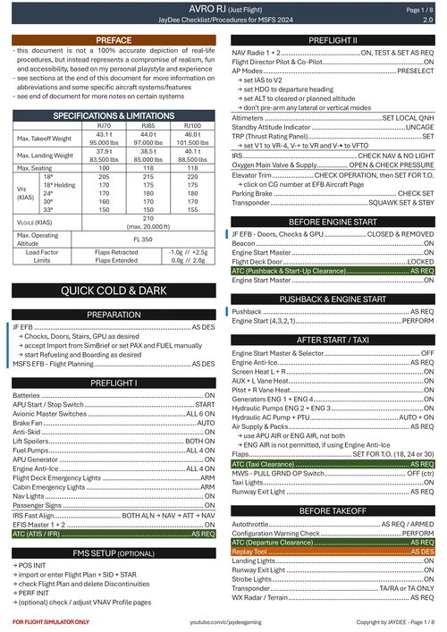AVRO RJ - Procedures and Checklist