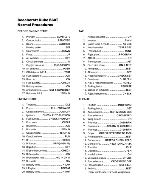B60T Beechcraft Turbine Duke Custom Checklists