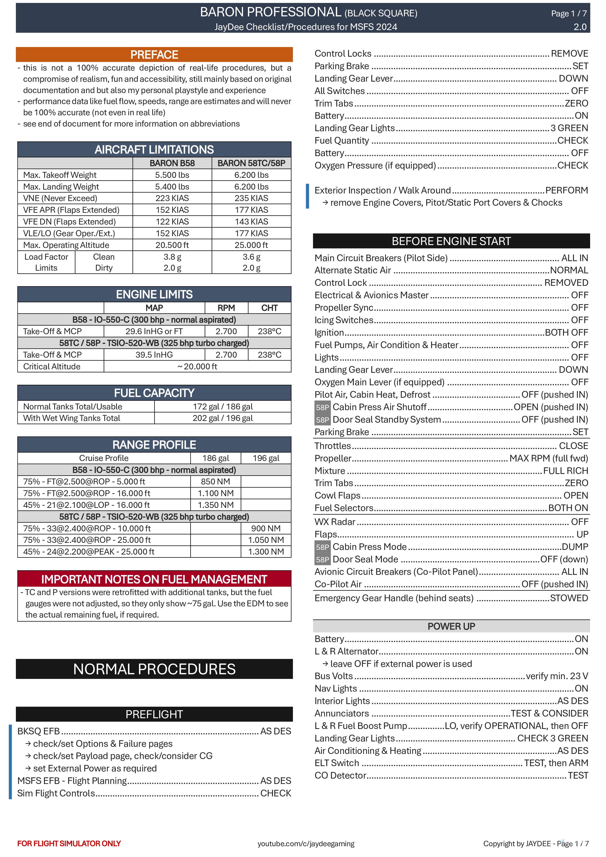 Baron Professional B58, 58TC, 58P - Procedures and Checklist for