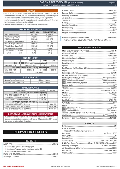 Baron Professional B58, 58TC, 58P - Procedures and Checklist