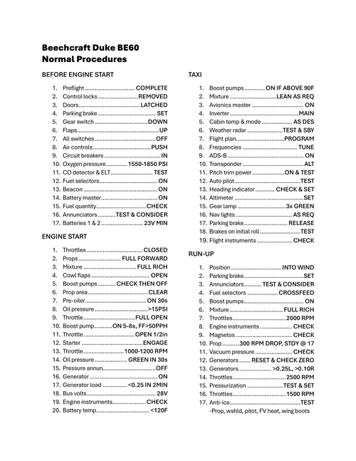 BE60 Beechcraft Piston Duke Custom Checklist