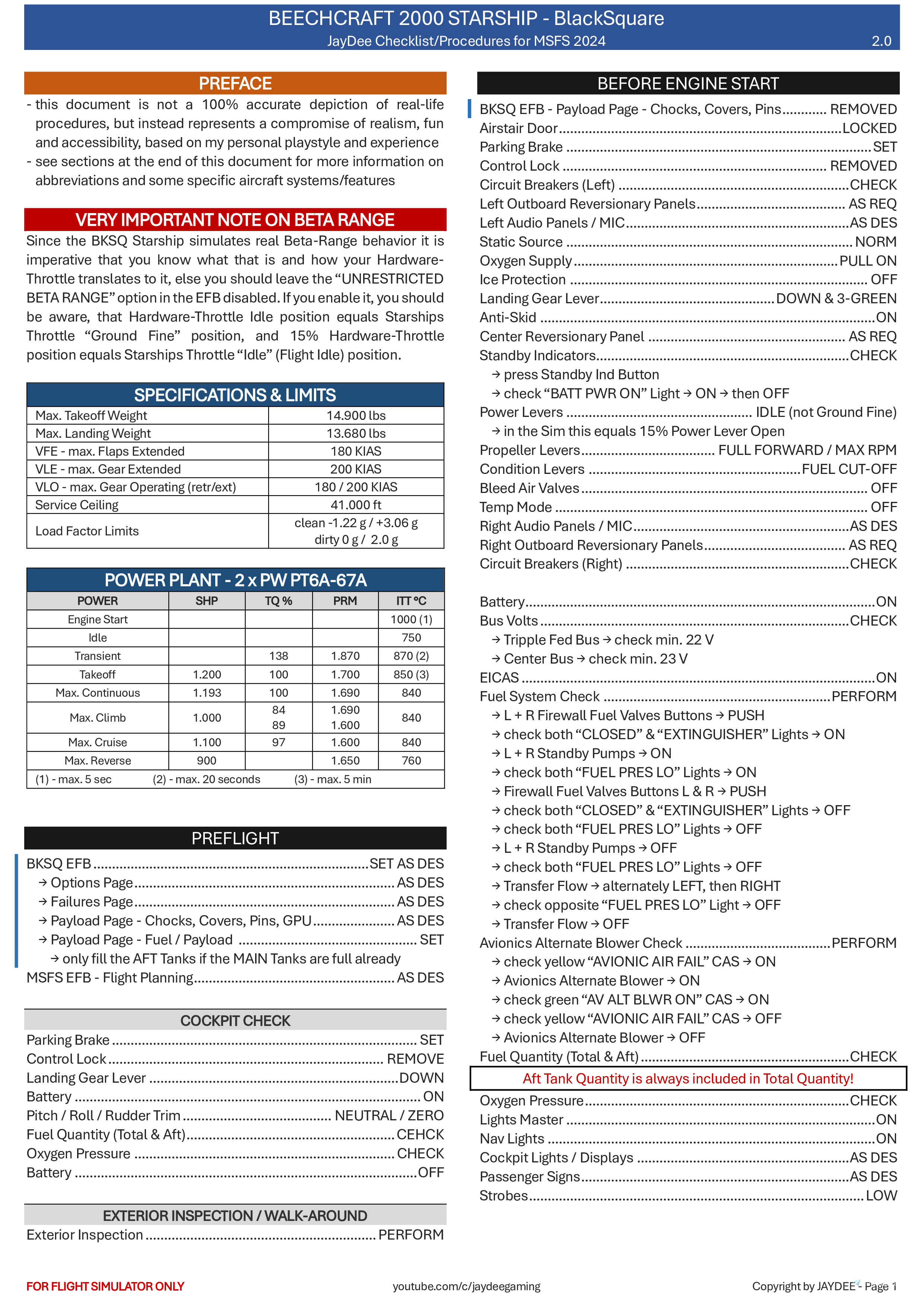Beech Starship - Procedures and Checklist for Microsoft Flight