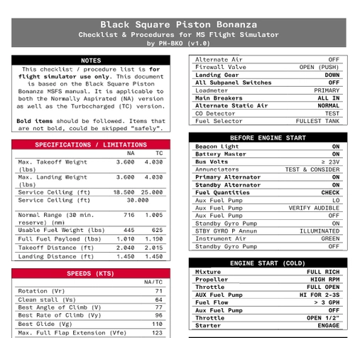 Black Square Beechcraft Bonanza Piston Checklist & Procedures Quickview