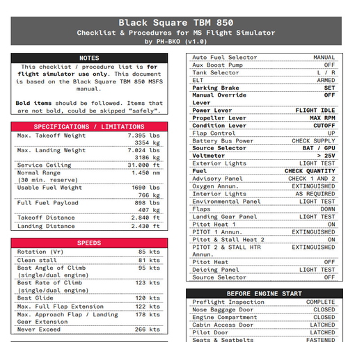 Black Square TBM 850 Checklist & Procedures Quickview