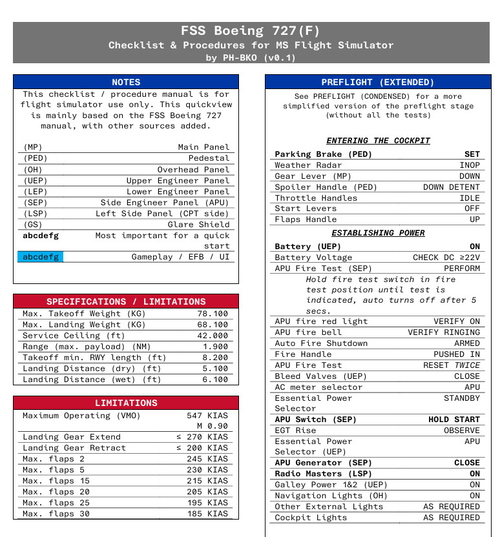 Boeing 727 Checklist & Procedures Quickview
