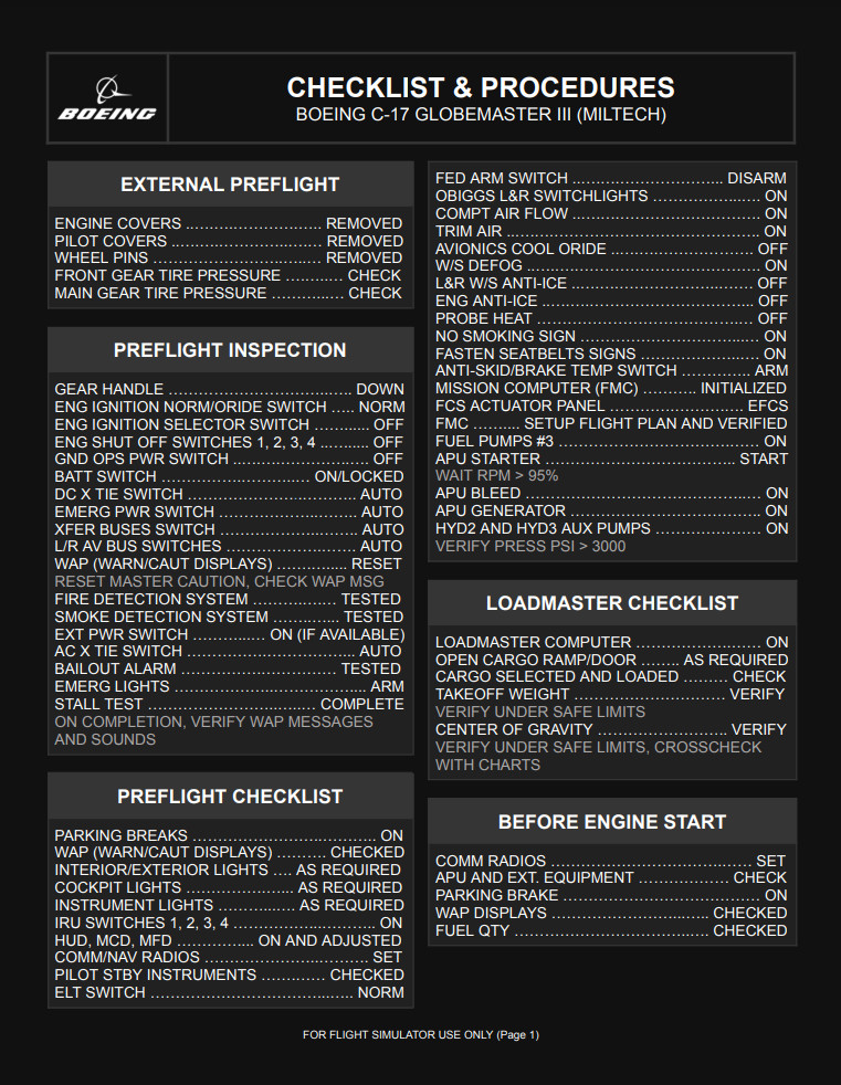 Boeing C-17 Globemaster III Checklist & Procedures
