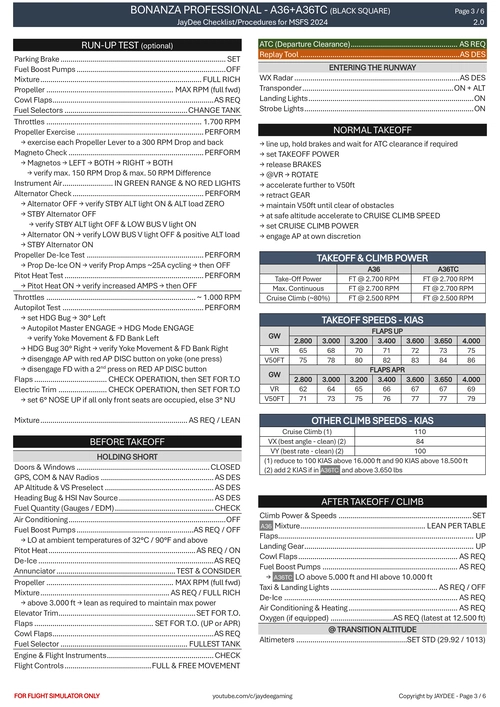 Bonanza Professional A36+A36TC- Procedures and Checklist