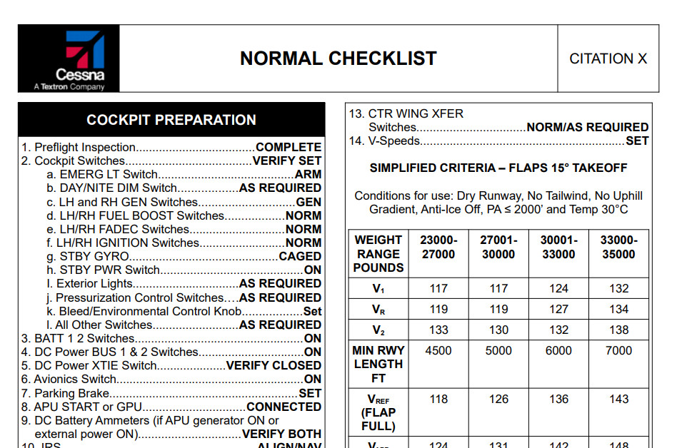 Cessna Citation X [C750] Normal Checklist for Microsoft Flight