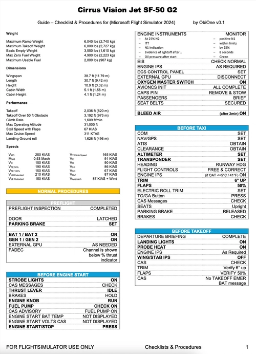 Checklist Cirrus SF50 Vision Jet 