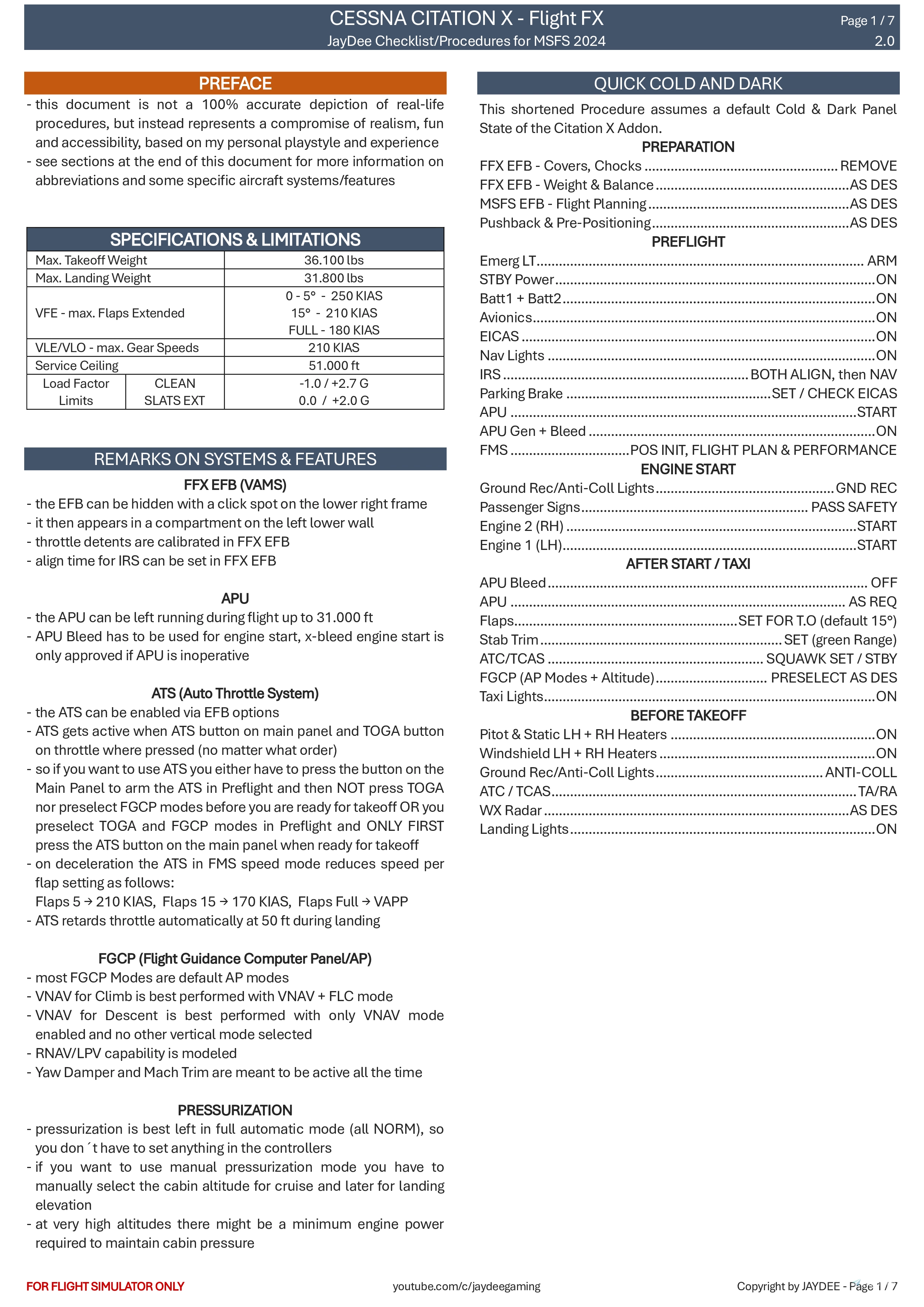 Citation X - Procedures and Checklist - User Content for MSFS