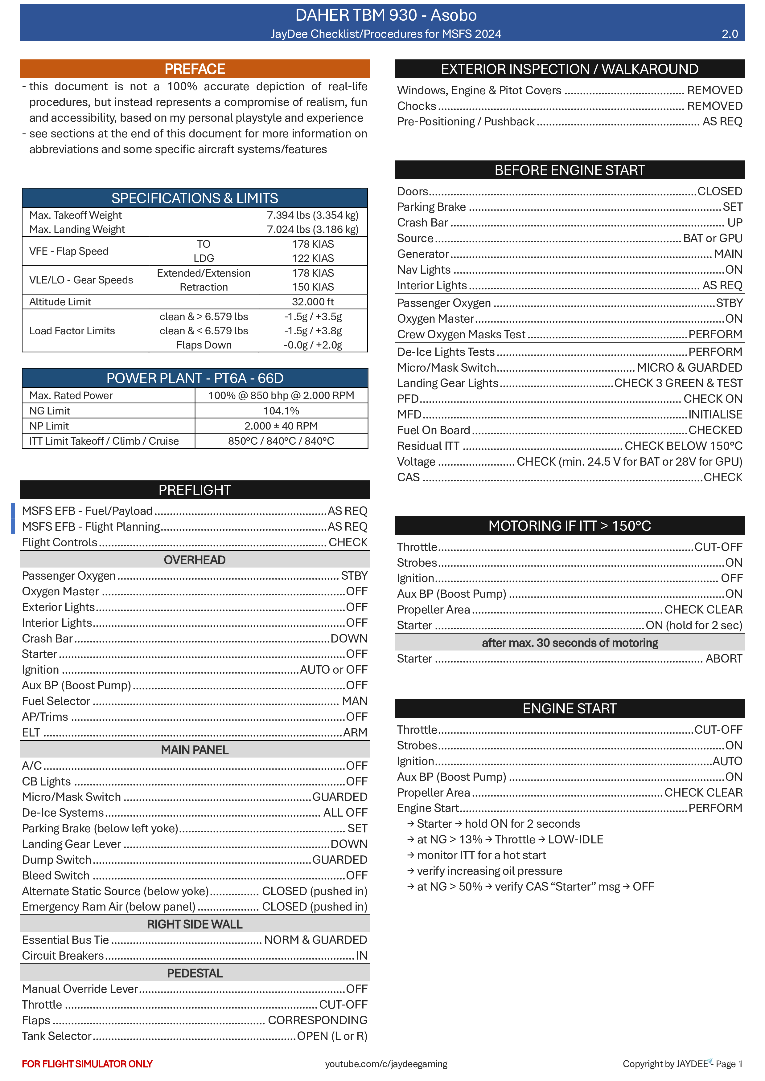 Daher TBM 930 (Asobo) - JayDee´s Checklist & Procedures - Image 2