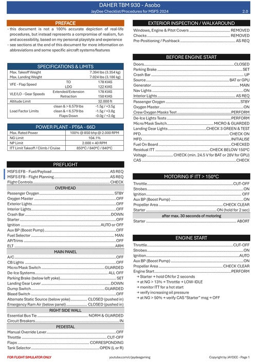 Daher TBM 930 (Asobo) - JayDee´s Checklist & Procedures