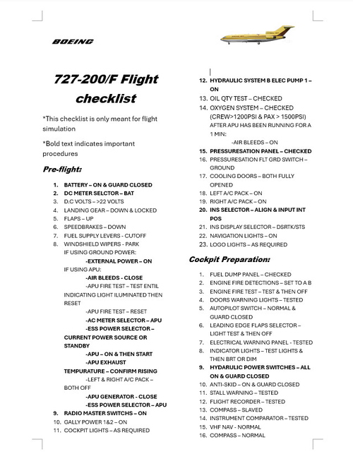FlightSim Studio AG 727-200/F Flight checklist