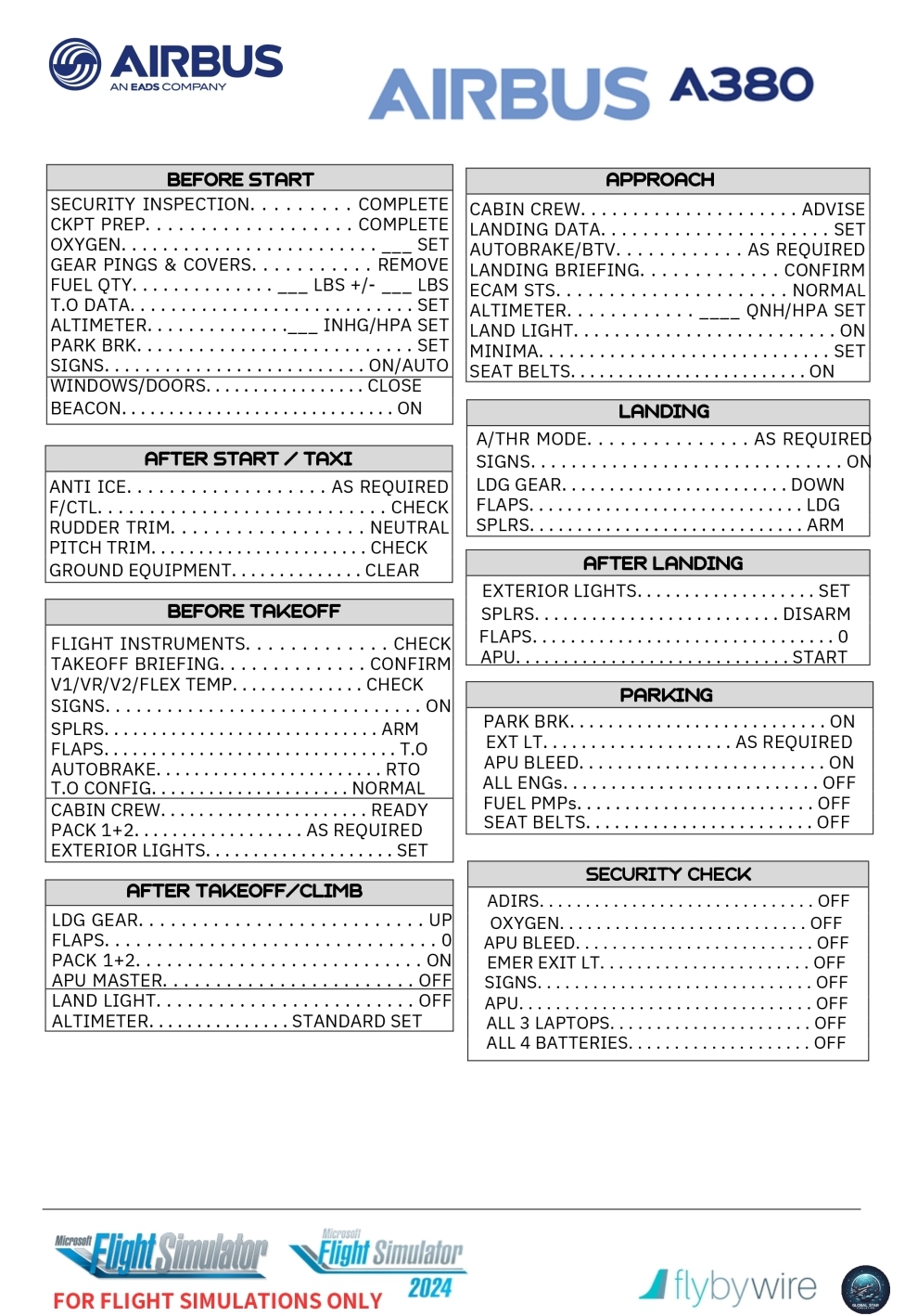 FlyByWire A380X Checklist for MSFS2020/2024 - Image 1