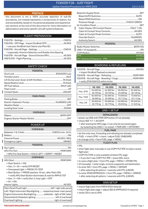 Fokker 28 - JayDee  Checklist & Procedures