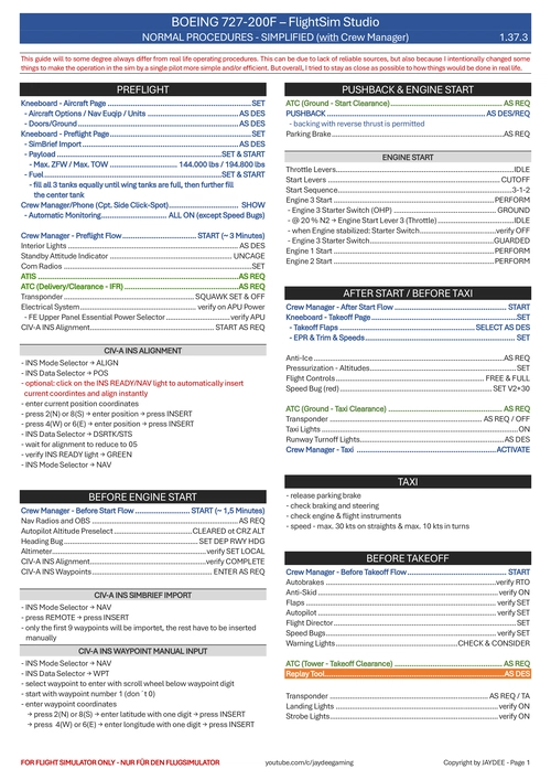 FSS Boeing 727-200F - Simple Checklist & Procedures
