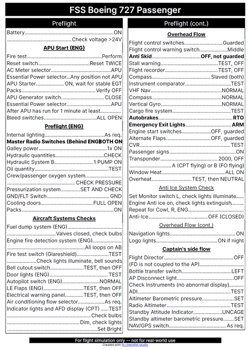 FSS Boeing 727 Passenger Checklist (no assists)