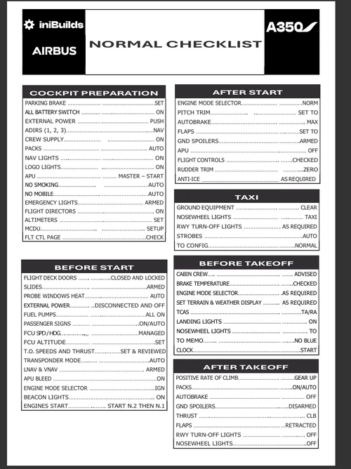 Inibuilds A350 Normal Checklist