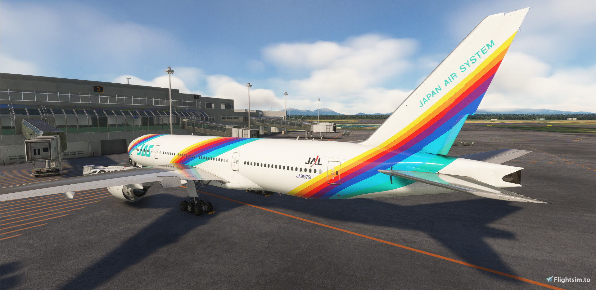 Japan Air System's JA8979 Rainbow with JAL Tags on the Rear