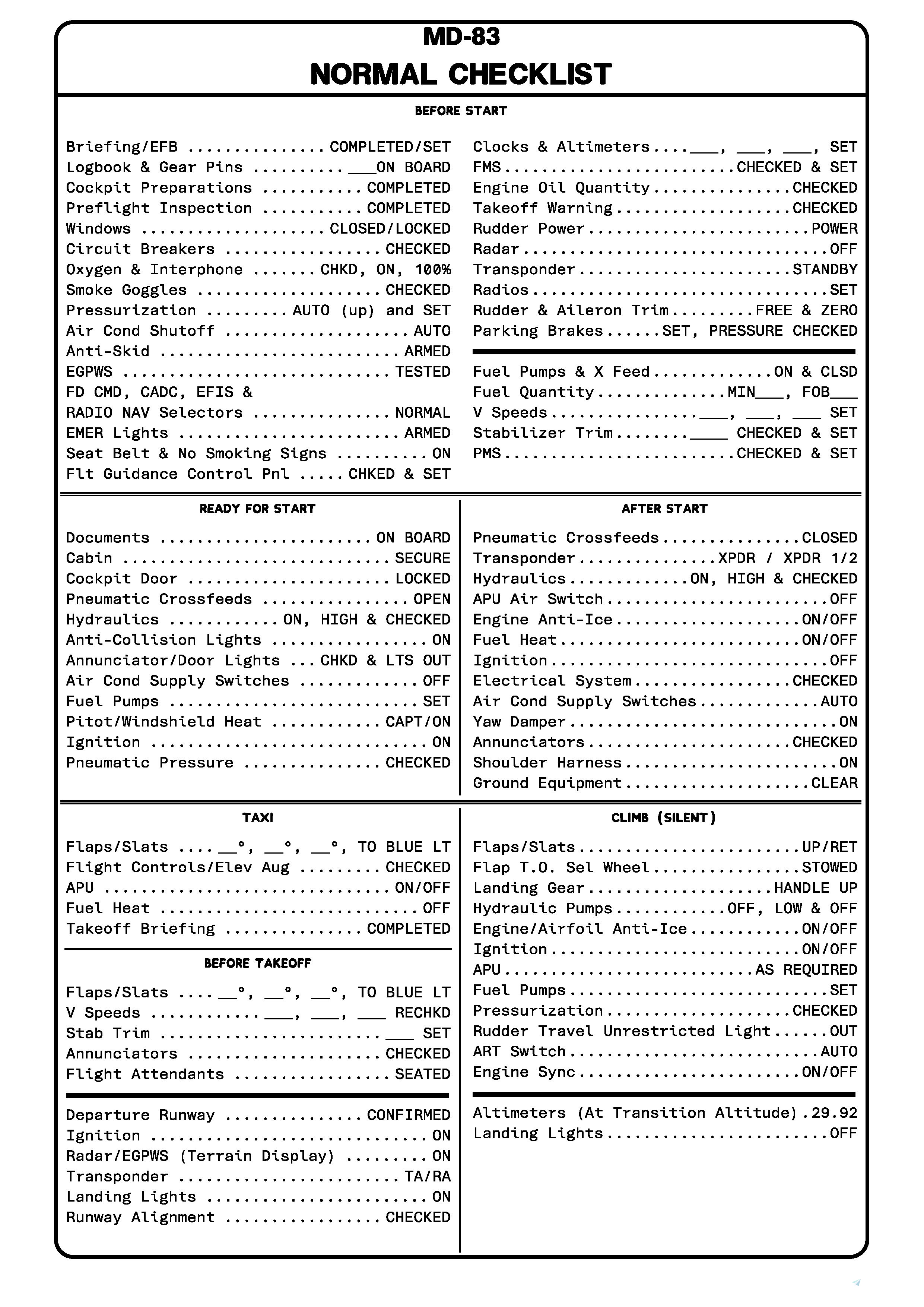 Checklists for Fly the Maddog X on Microsoft Flight Simulator