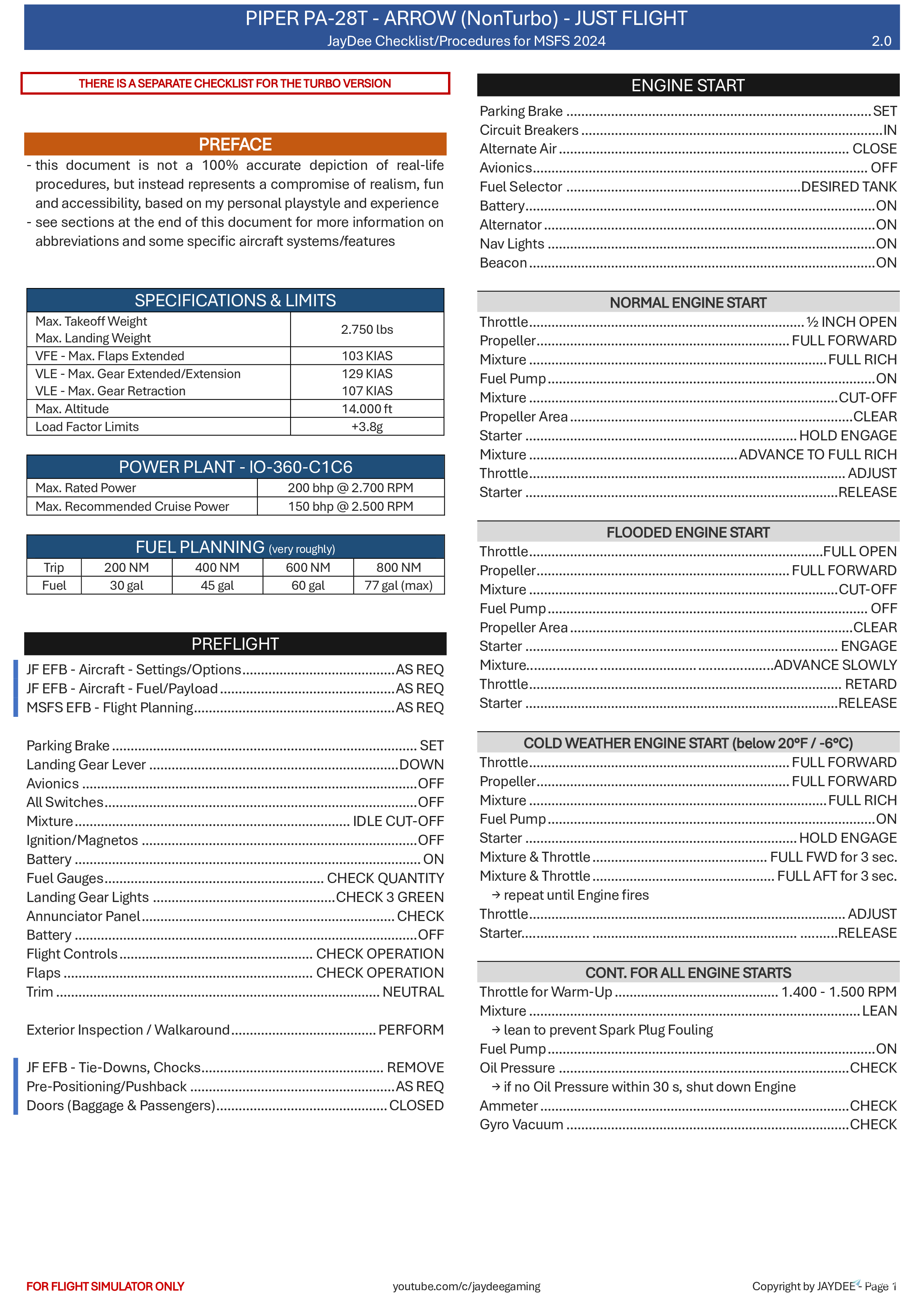 PA28 Arrow III (nonTurbo) - JayDee  Checklist & Procedures - Image 2