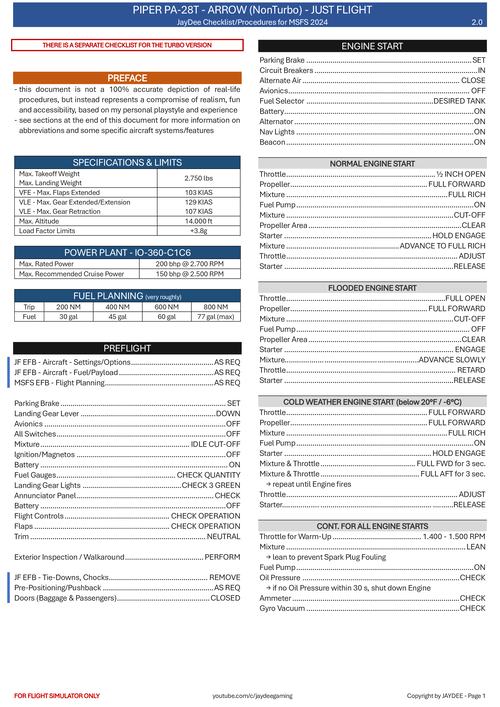 PA28 Arrow III (nonTurbo) - JayDee  Checklist & Procedures