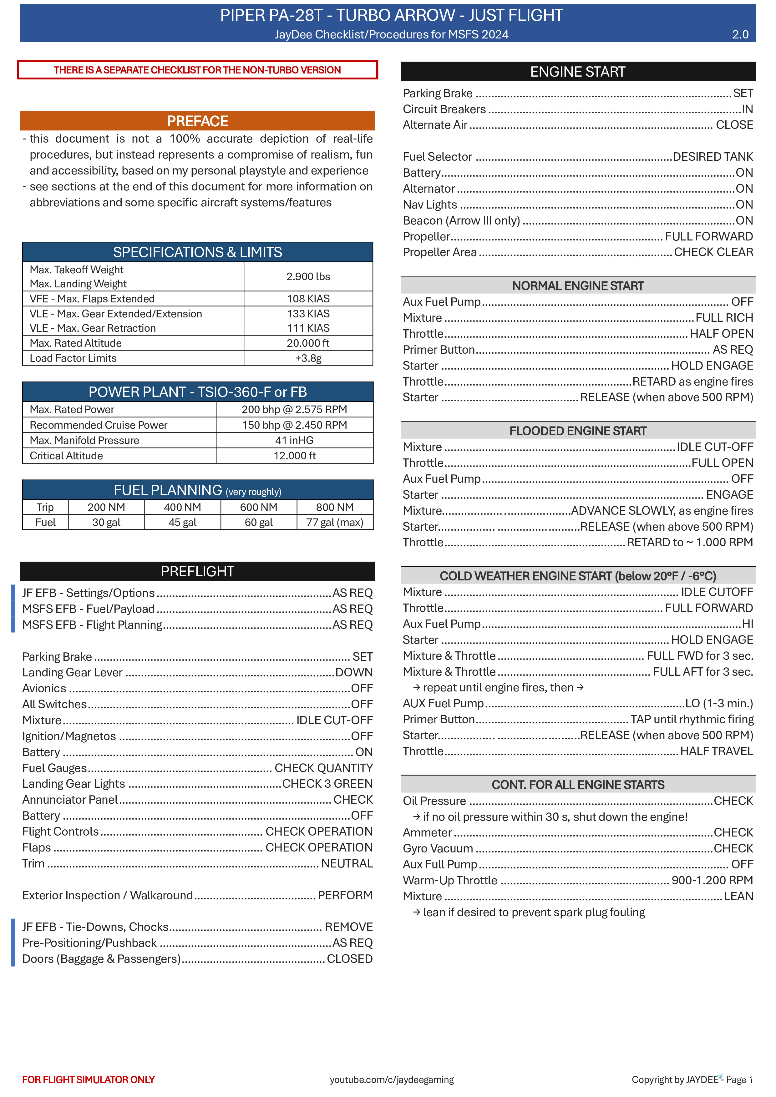 PA28 Turbo Arrow (JF) - JayDee´s Checklist & Procedures - Image 2