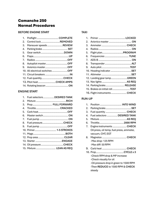 PA24 Piper Comanche Custom Checklist