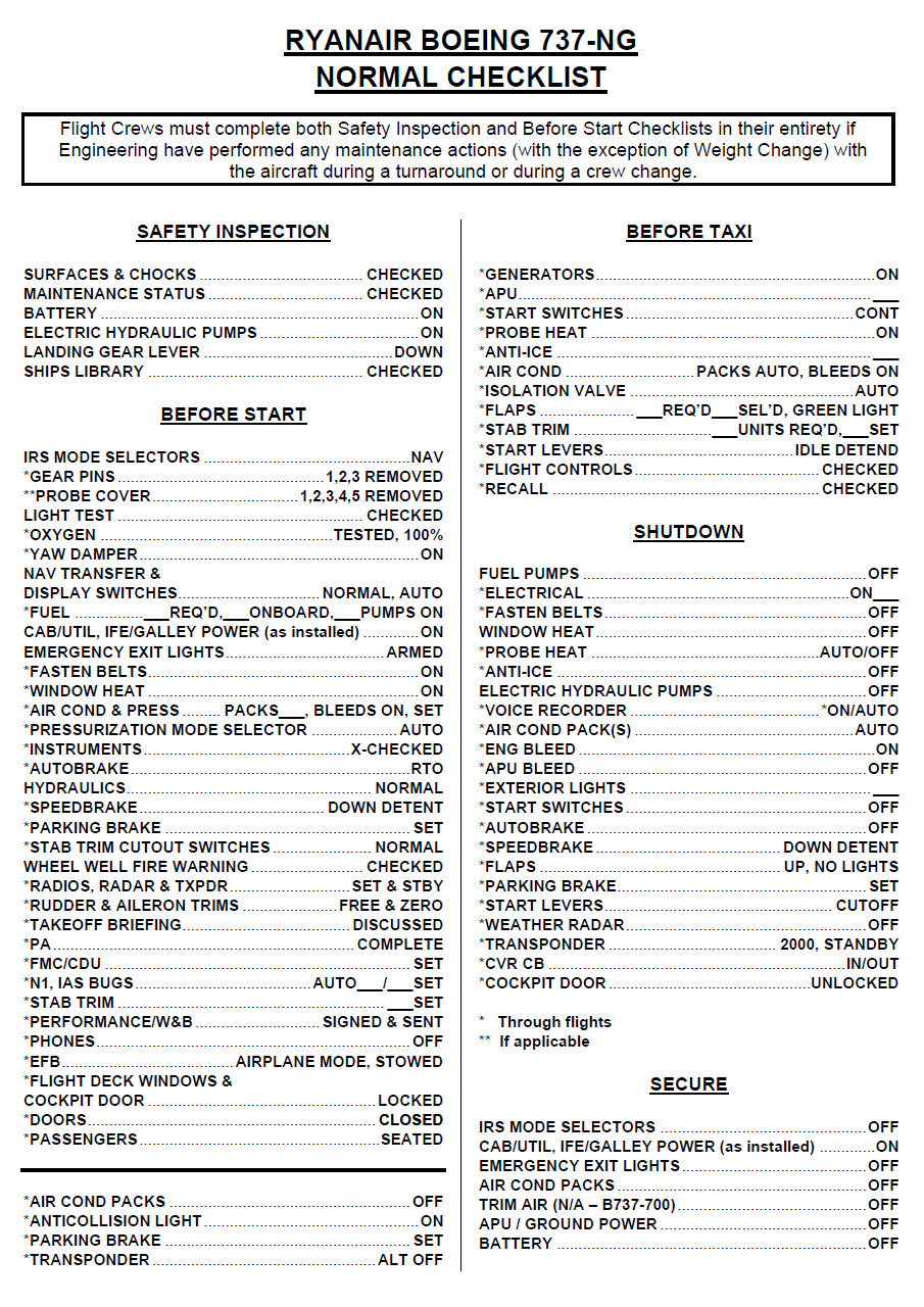 RYANAIR B737 NG - Normal checklist (official) - Image 1