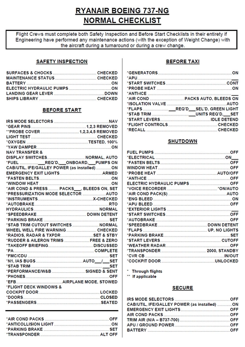RYANAIR B737 NG - Normal checklist (official)