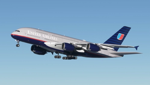 United Airlines Battleship Grey N388UA Fictional FlyByWire A380X [Cabin] - 8K
