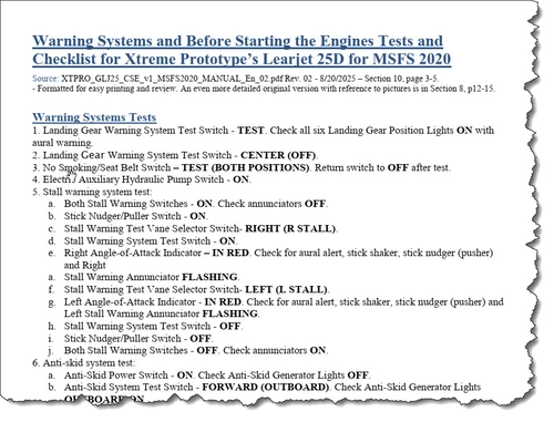 Xtreme Prototypes' Learjet 25D Tests Checklist
