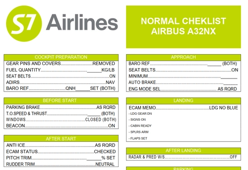 S7 Airlines Airbus A32NX Normal Cheklist
