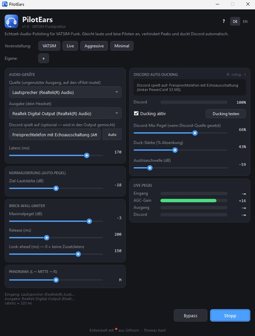 PilotEars — VATSIM Voice Polish (Normalizer + Limiter + Discord Ducking)