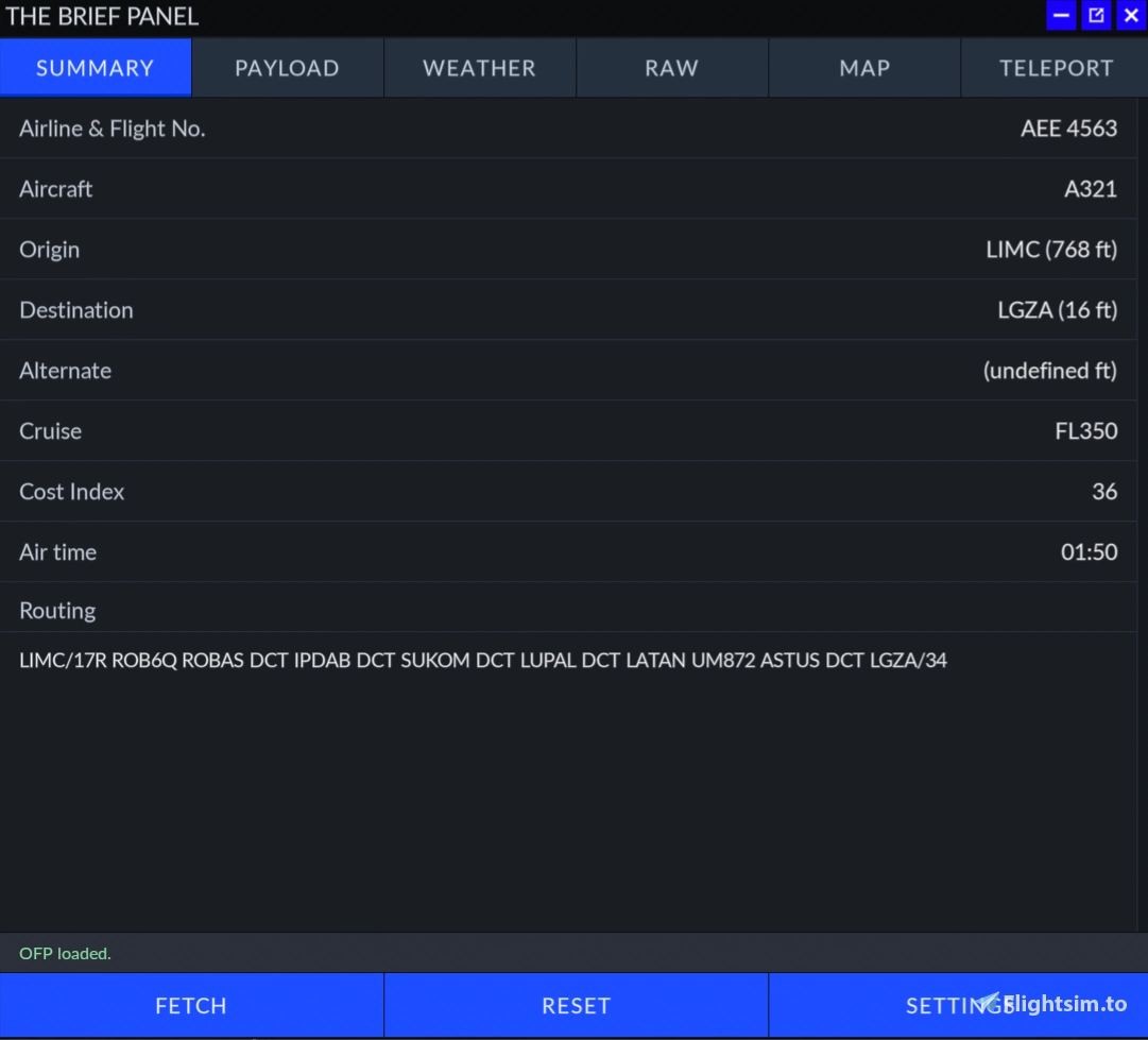 SimBrief Panel Summary Tab