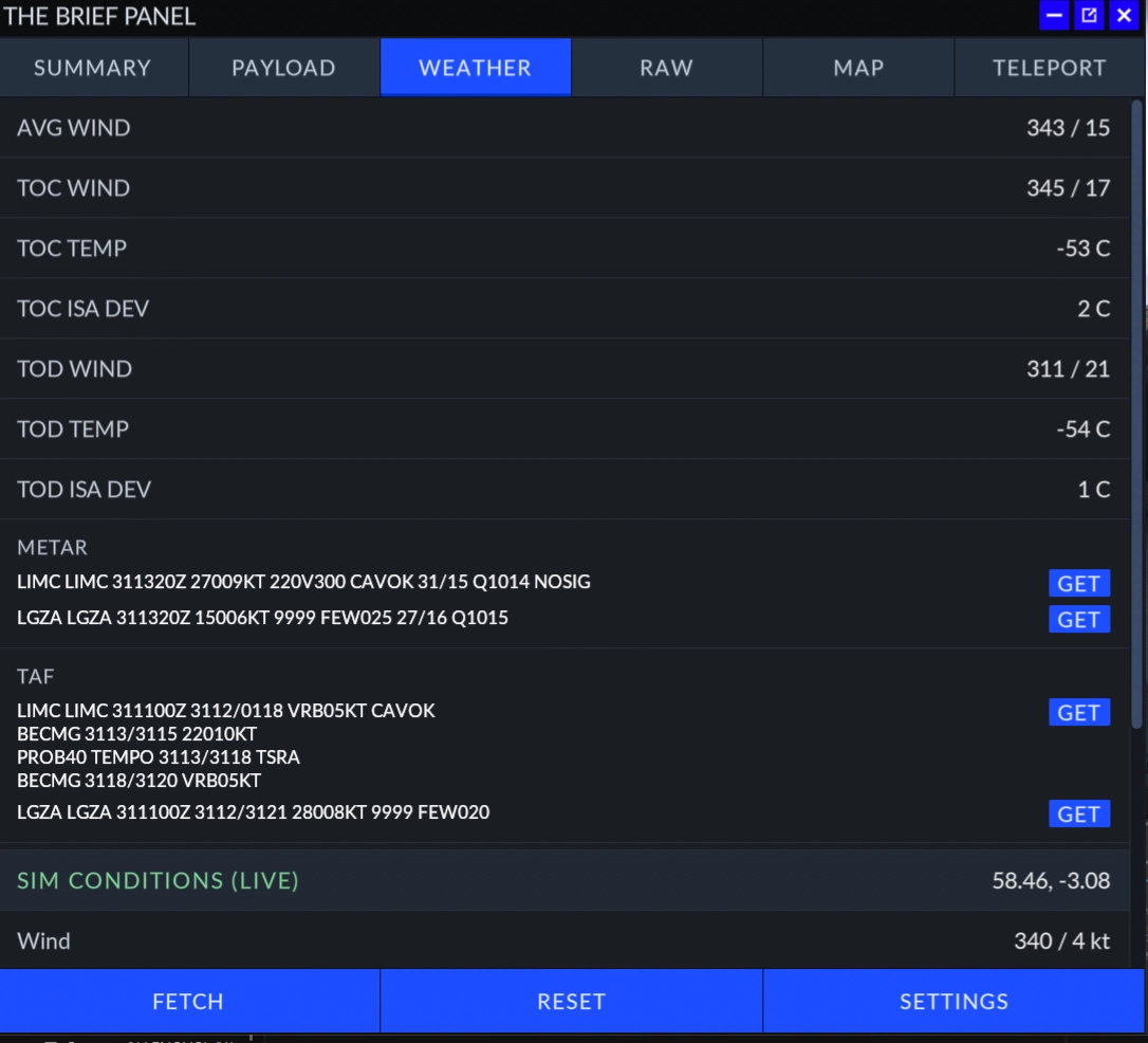 SimBrief Panel Weather Tab