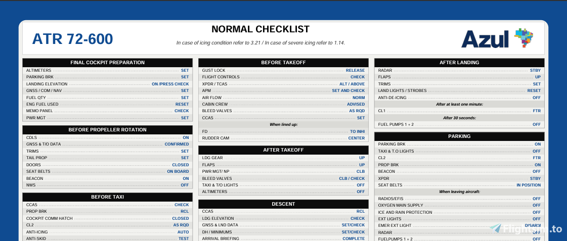 ATR 72-600 Normal Checklist Azul - User Content for MSFS