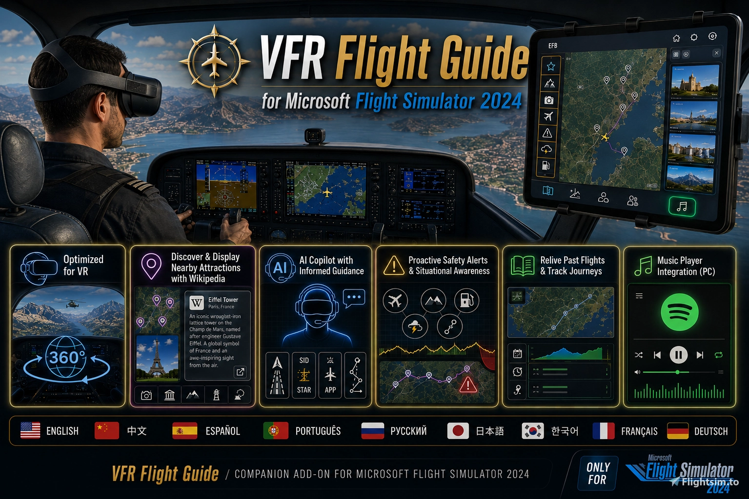 VFR Flight Guide for VR (POI scan, Wiki, AI copilot, flight records, Spotify player and more... )