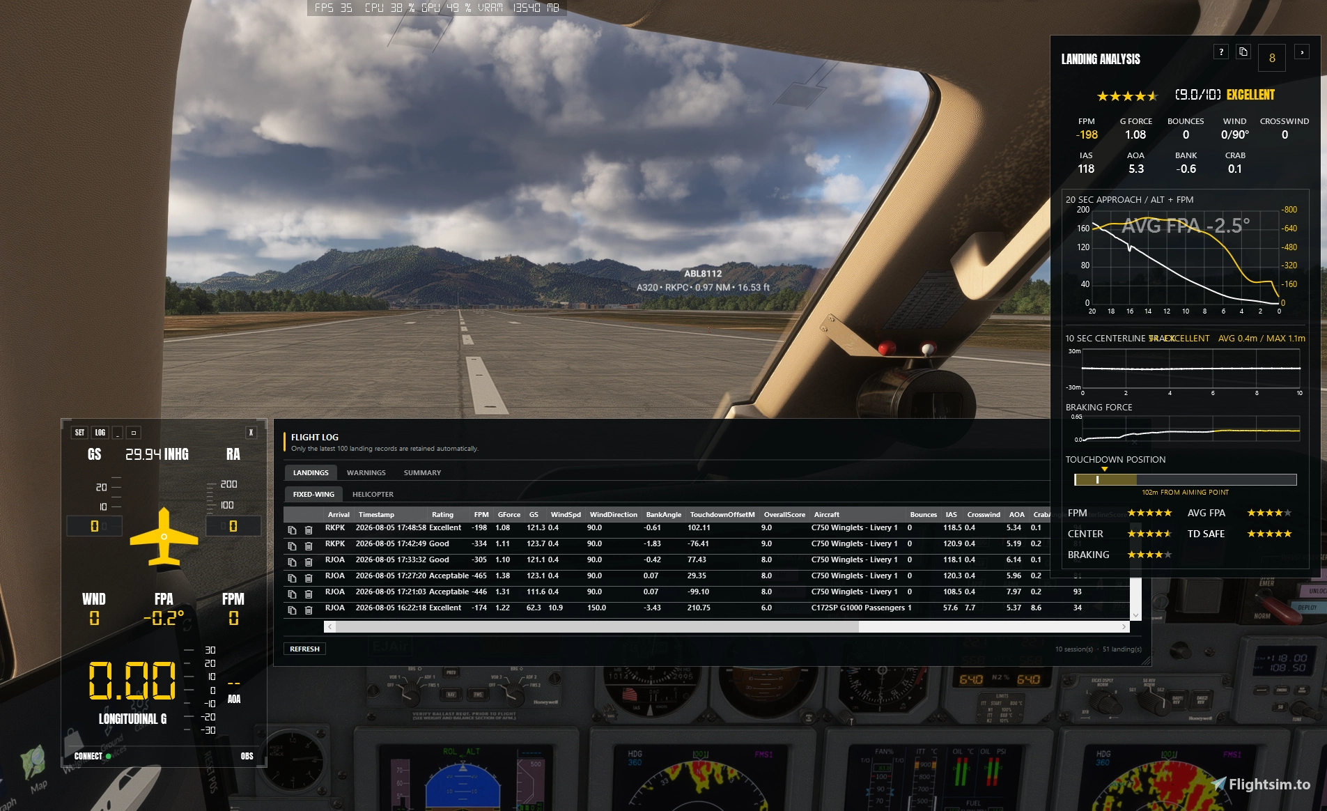 Landing Guide - It helps you achieve a smooth touchdown and provides your Landing Rate.