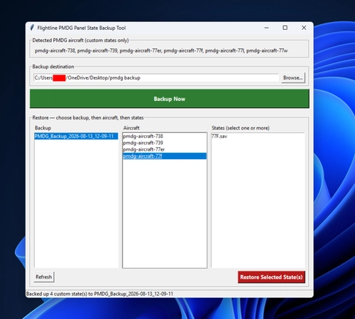 Flightline PMDG Panel State Backup Tool