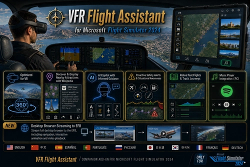 VFR Assistant (POI Scanner&Wiki, AI Copilot, Flight Logs, Browser, Spotify, Voice Commands and more)