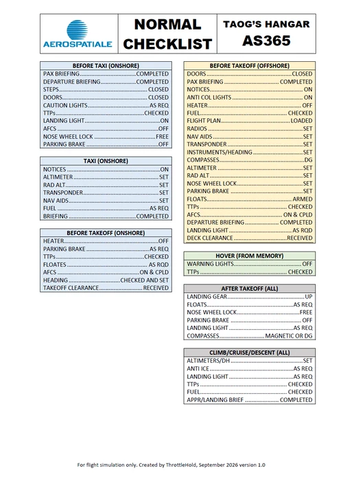 Taog's Hanger AS365N2 Checklist - onshore & offshore
