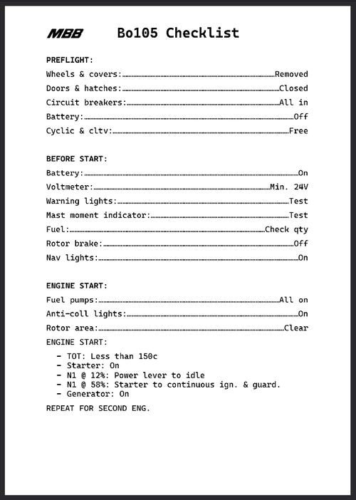 MBB Bo105 Checklist (Simplified)